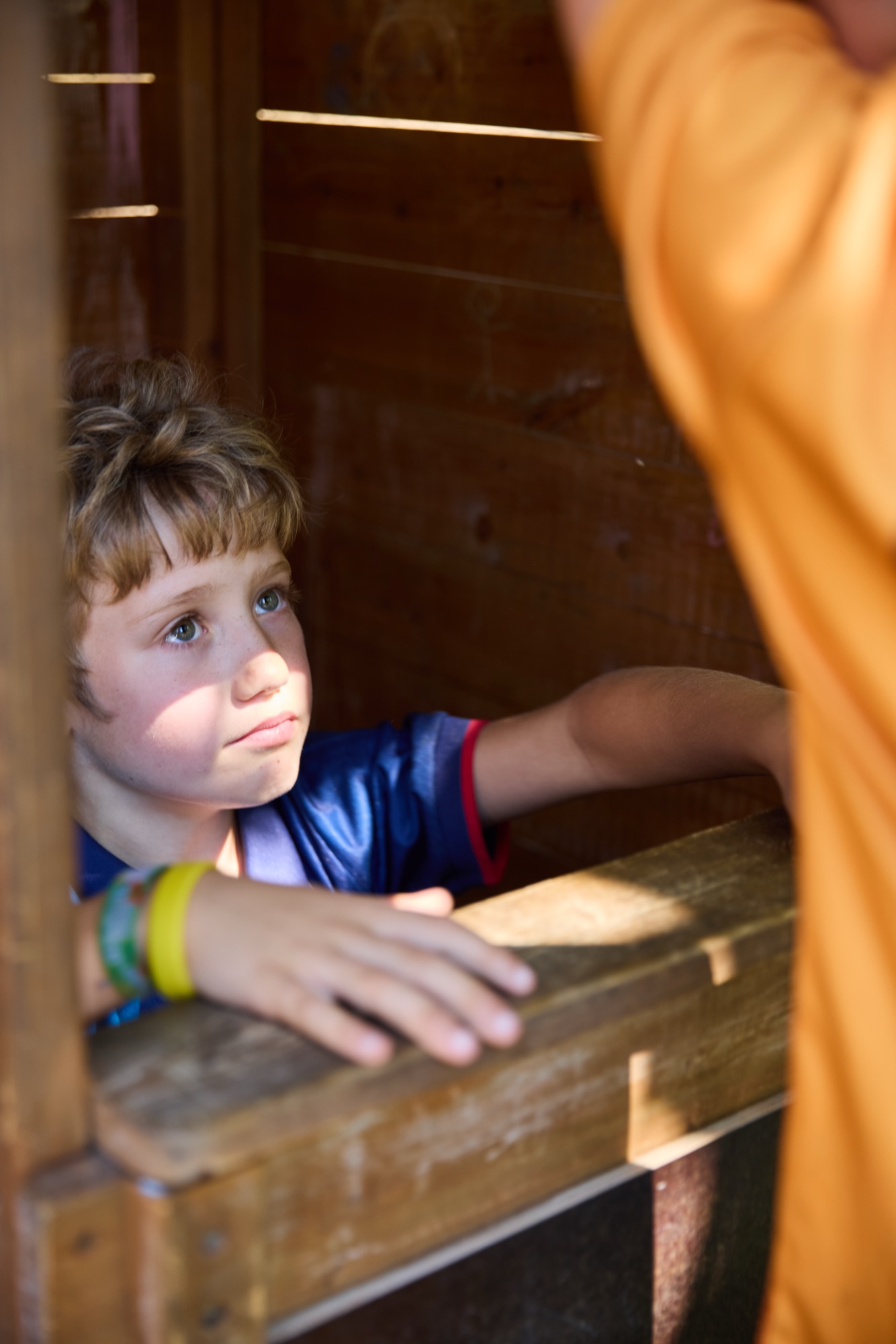 Boy leaning on a wooden beam, backlit